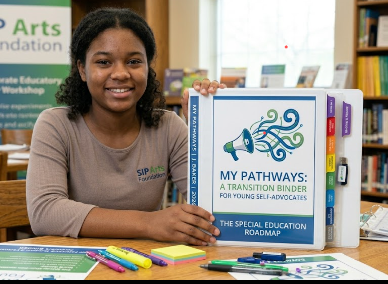 A young self-advocate holding the My Pathways transition binder at a SIP Arts Foundation workshop table