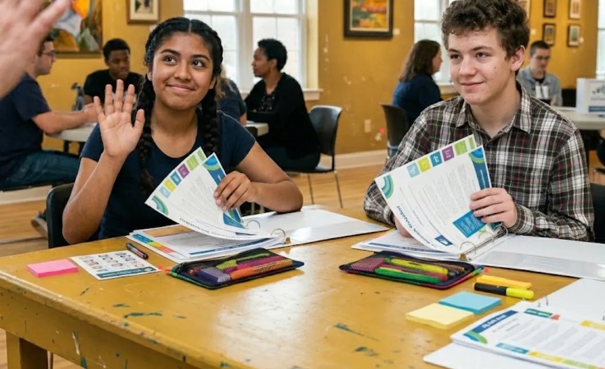 Two Pathways Self-Advocates participants with their advocacy binders at a workshop table